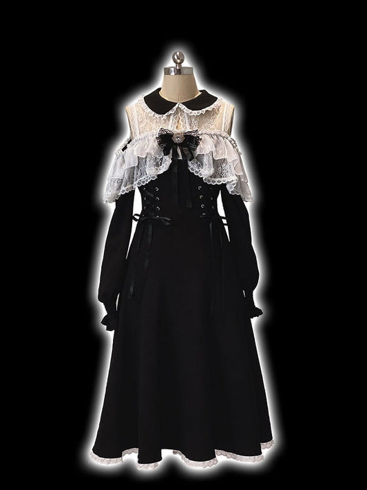 Jirai Dress Version Kei Long-Sleeve Bow Rhinestone Cutout White Shoulder Black Decor Lace Long