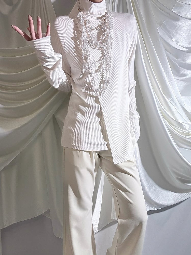 Sleeve Mock Long Slim-fitting Collar Top Prince White