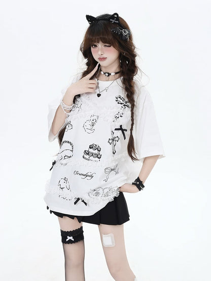 Lace Trim T-Shirt Neck Loose Black/White Cartoon Print Bittersweet Round