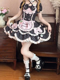 Details Bunny + Sweet OP Hairband Bow Polka Pink Strawberry Lace and Dot with Full Choker Set Lolita Dress Ear Bonnet Themed Black