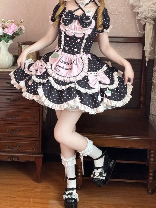 Details Bunny + Sweet OP Hairband Bow Polka Pink Strawberry Lace and Dot with Full Choker Set Lolita Dress Ear Bonnet Themed Black