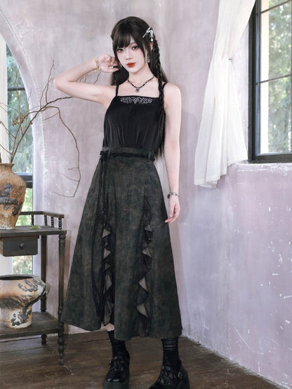 Chinese Gothic Black Cami Top with Deer Embroidery - Quirky Hut