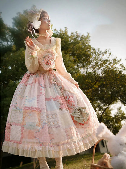 Cottagecore Patchwork Print Sweet Lolita Skirt with Detachable Straps Long Version