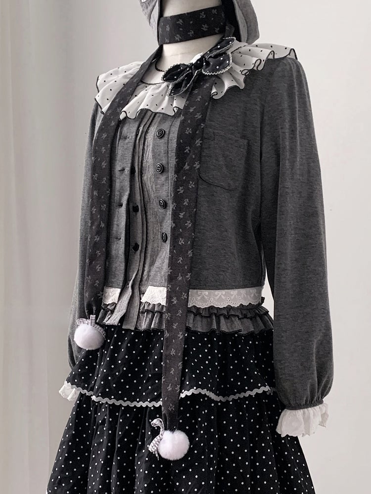 Gray-Tone with White Cardigan Trim Button-Up Lace