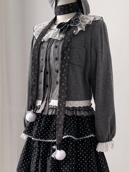 Gray-Tone with White Cardigan Trim Button-Up Lace