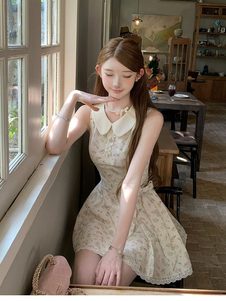 Apricot Floral Dress with Lace Trim - Qchiwawameme