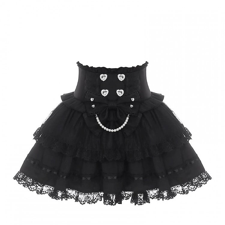 Black Jirai Kei High-Waisted Tiered Skirt with Lace Bow - Puppet Bombs