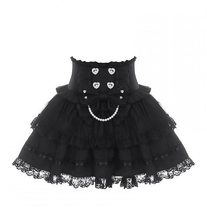 Black Jirai Kei High-Waisted Tiered Skirt with Lace Bow - Puppet Bombs