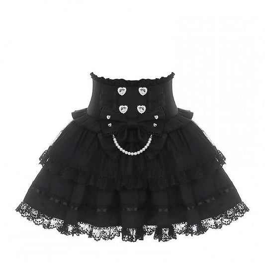 Jupe noire Jirai Kei taille haute à volants avec nœud en dentelle - Puppet Bombs