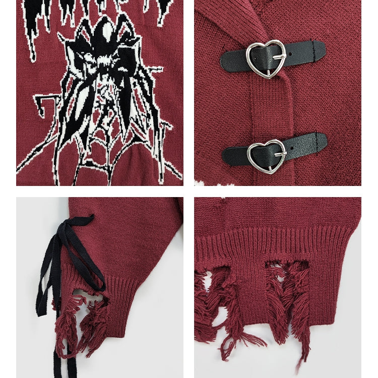 Y2K ダークレッド スパイダー柄 ディストレストリム ルーズセーター レースアップディテールスリーブ