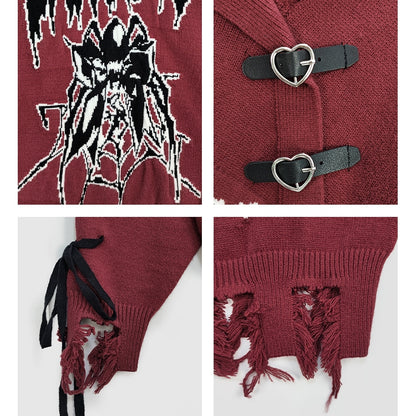 Y2K ダークレッド スパイダー柄 ディストレストリム ルーズセーター レースアップディテールスリーブ