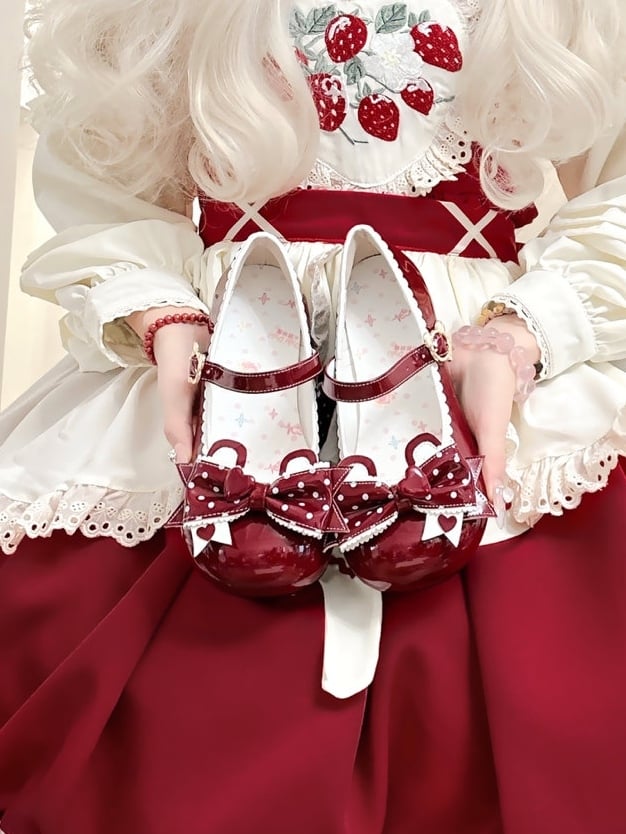 Buckle Red - Mary Low Lolita Polka-dot with Janes Sweet Ear PU Bear Bow Heel Teddy