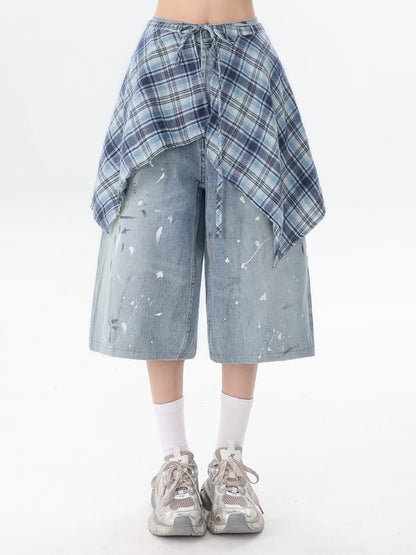Blue Splatter Design Jeans with Plaid Skirt Hem - Rayohopp