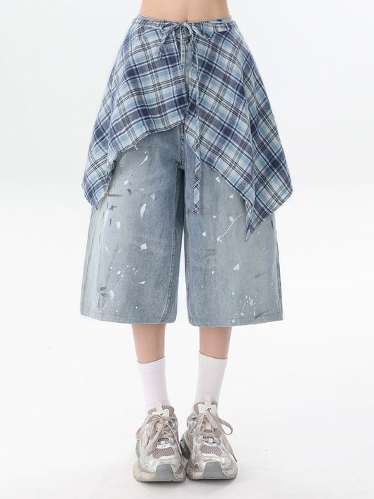 Blue Splatter Design Jeans with Plaid Skirt Hem - Rayohopp