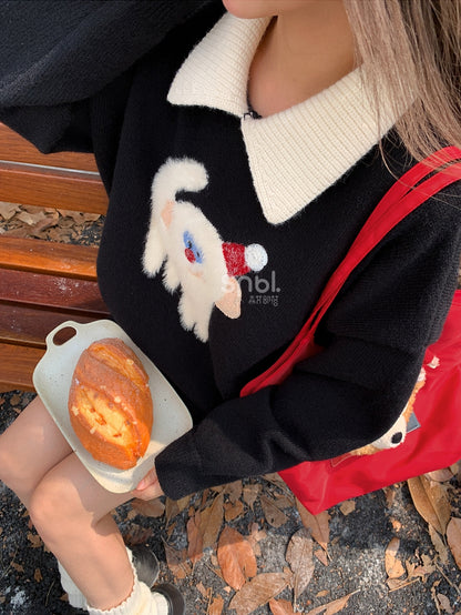 Cute Monkey Pattern Navy Blue Polo Collar Sweater