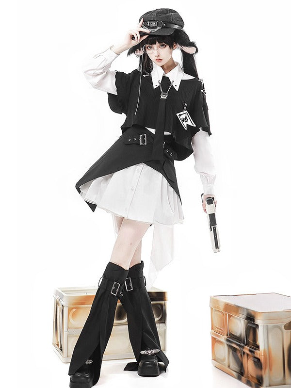 Monochrome Kawaii Multi-Piece Outfit: Top, Dress, Skirt & Warmers