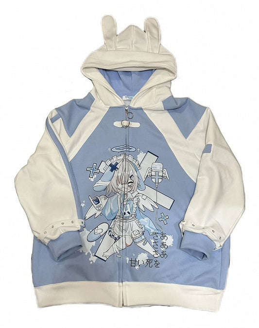 Yami Ear Light Kawaii Print Blue Hooded Tenshi Anime Jacket with Bunny