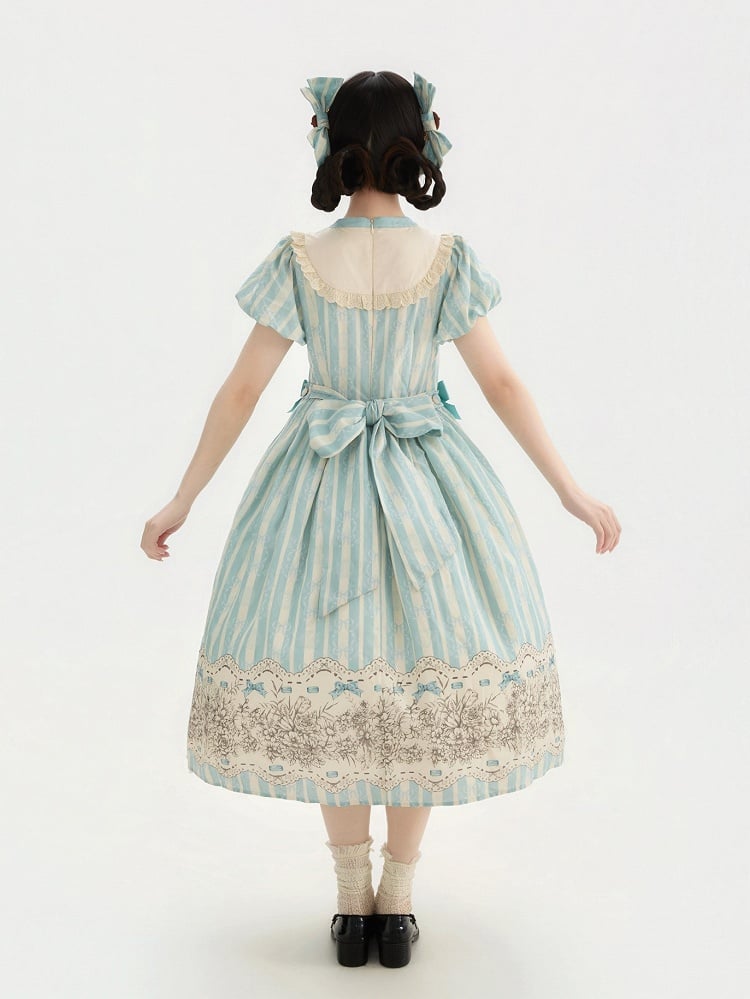 Embroidery One Bodice Piece Blue Floral Striped Classic and Bowknot Version Lolita Pattern Long