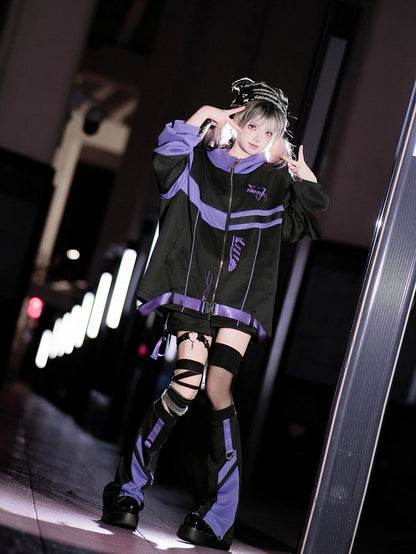 J-Style Futuristic Hooded Techwear in Landmine - Purple Jacket Black Outfit