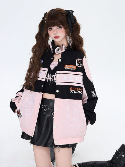 Jacket 2-in-1 Pink Black Detachable in Lining Plush Fleece Baseball with Letters Embroidered