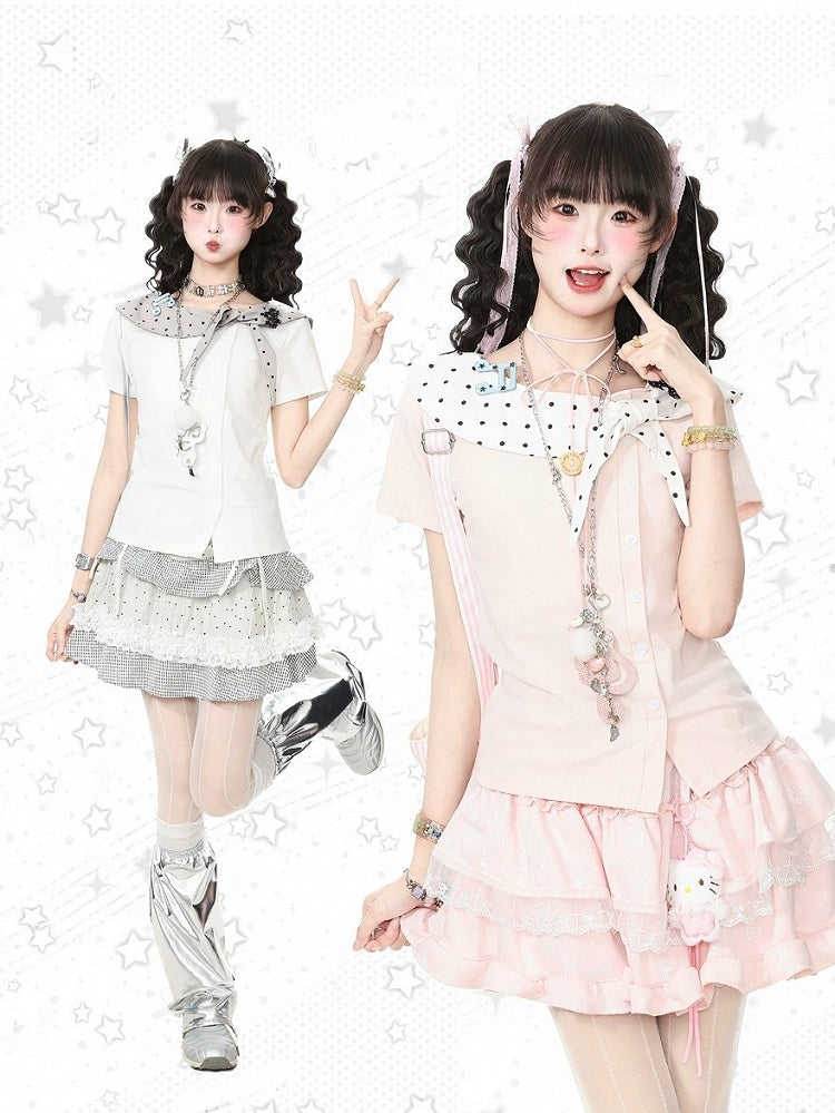 White Polka Dot Music Note Tie-Neck Top - Languid Park