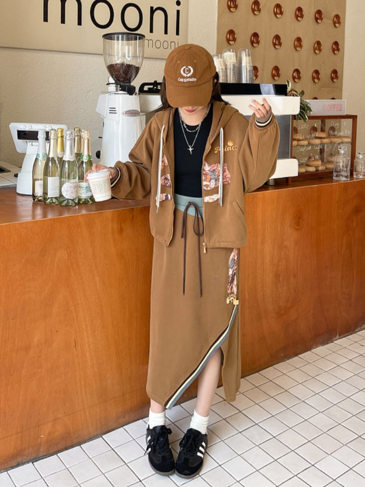 Brown Drawstring Vintage Fashion Slit Skirt Side Millard Waist Prince Print