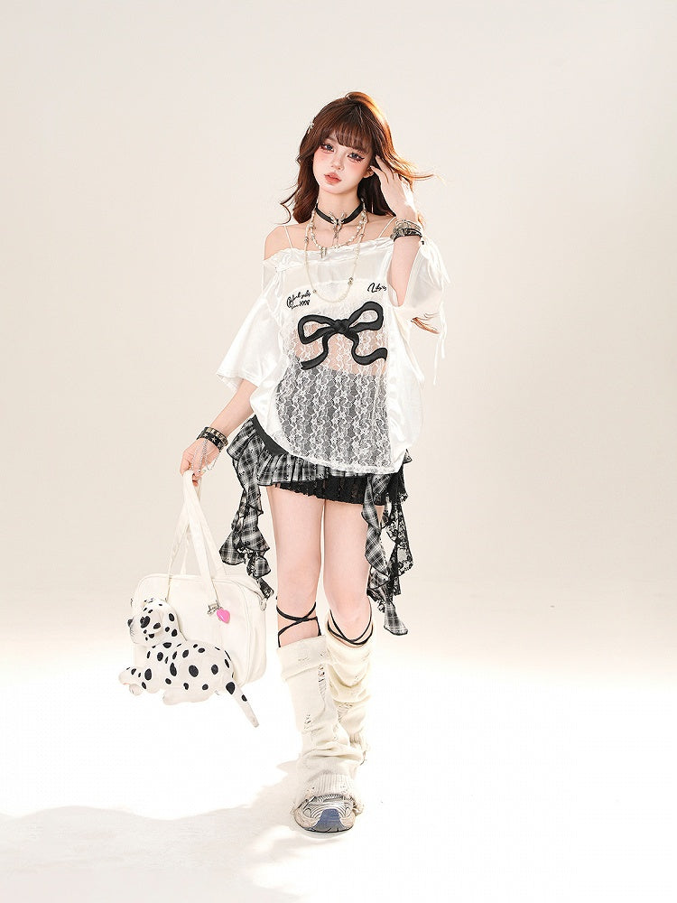 Schwarz/Weiß Große Off-the-shoulder T-shirt Spitze Schleife Patches Druck Taille