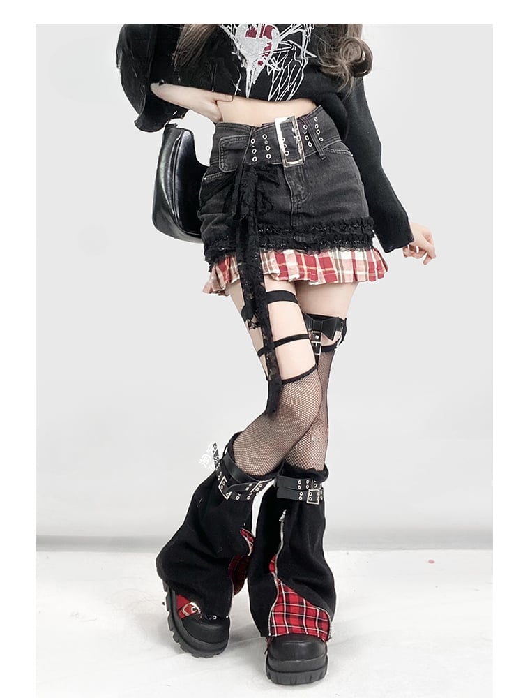 Y2K Red Plaid Pattern Hem Black Denim  Skirt+Buckle Strap Leg Warmers