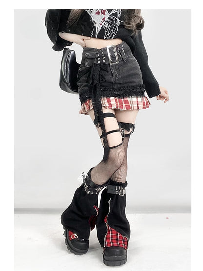 Y2K Red Plaid Pattern Hem Black Denim  Skirt+Buckle Strap Leg Warmers