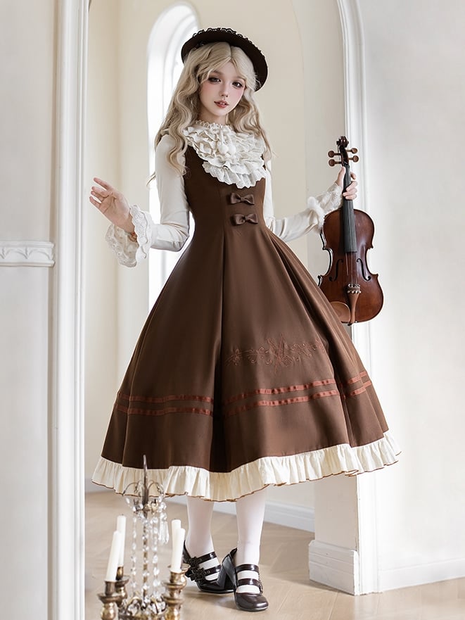 Version Elegant Embroidery Note Violin Lolita and Long Brown Dress Classic Musical