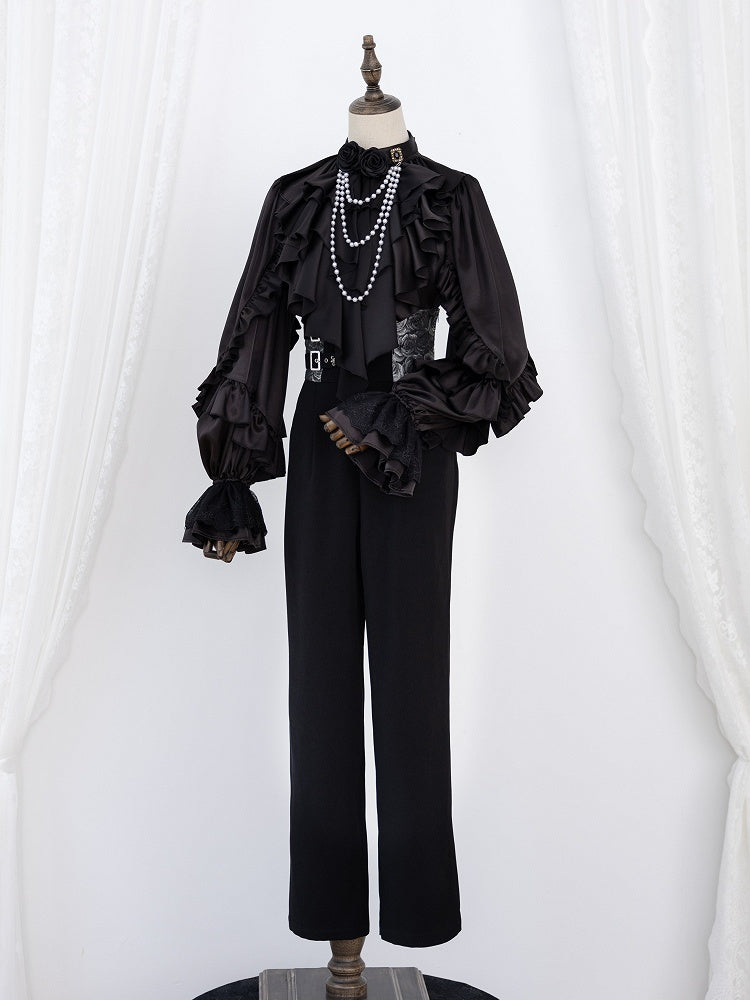 All-Black Ruffled Bodice Shirt with Flounce Trim and Long Sleeves - DevilInspired Exclusive Collection
