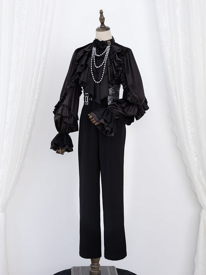 All-Black Ruffled Bodice Shirt with Flounce Trim and Long Sleeves - DevilInspired Exclusive Collection
