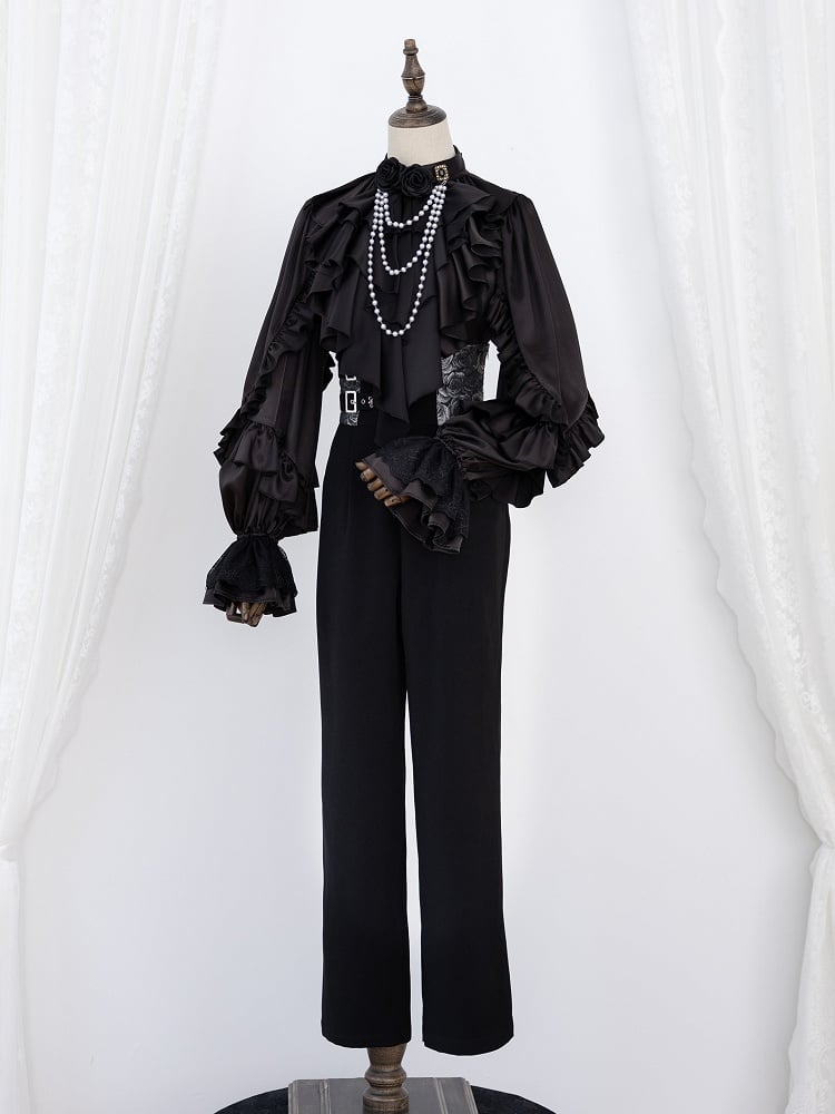 All-Black Flounce Trim Shirt with Cascading Ruffles - DevilInspired Exclusive Collection