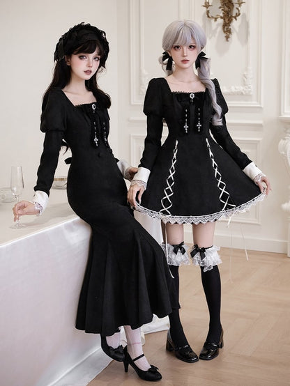 Mermaid with Cross Juliette Patch Dress Lolita Embroidery Sleeves Cuffs Black