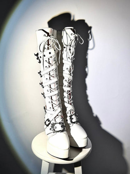 White Pointed-Toe Gothic Knight Boots with 11CM Chunky Heel & Thick Sole - sphenoid