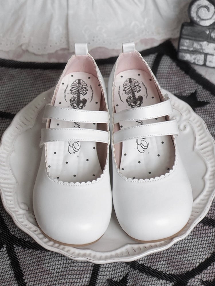 Round Cross White Flats Velcro Gothic Embroidery Toe Strap Closures