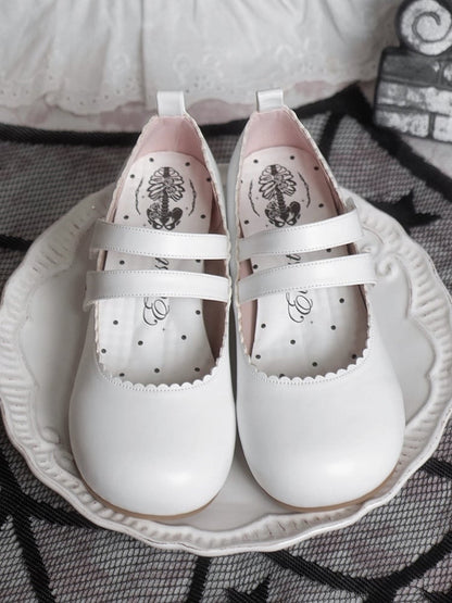 Round Cross White Flats Velcro Gothic Embroidery Toe Strap Closures