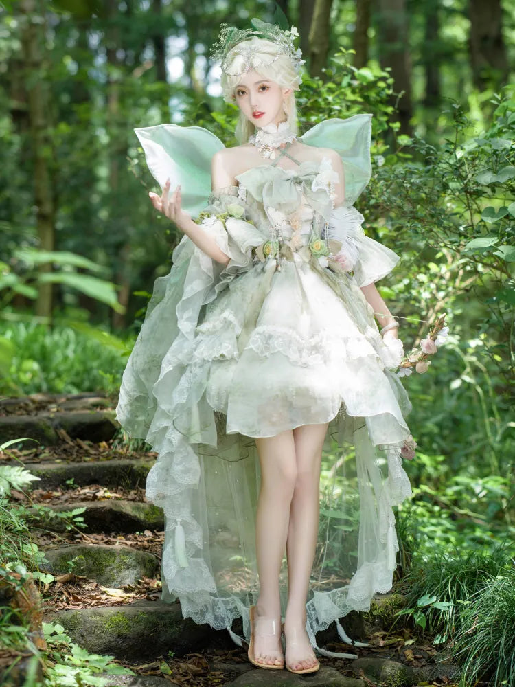 Set Decorated Princess Fairy Dress Flowers Lolita Butterfly JSK Light Full Green Forest