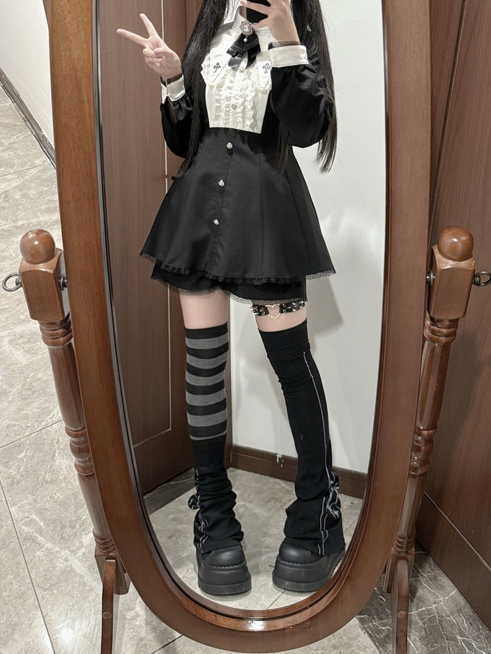 Bow Shorts Set - Cross Embroidered Pointed Flat Collar Dress + Three-piece Jirai Kei Black + Tie