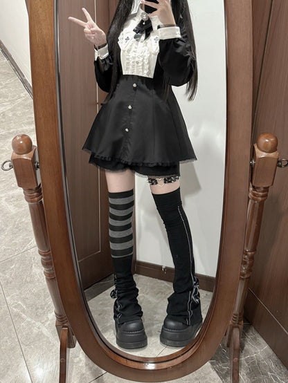 Bow Shorts Set - Cross Embroidered Pointed Flat Collar Dress + Three-piece Jirai Kei Black + Tie