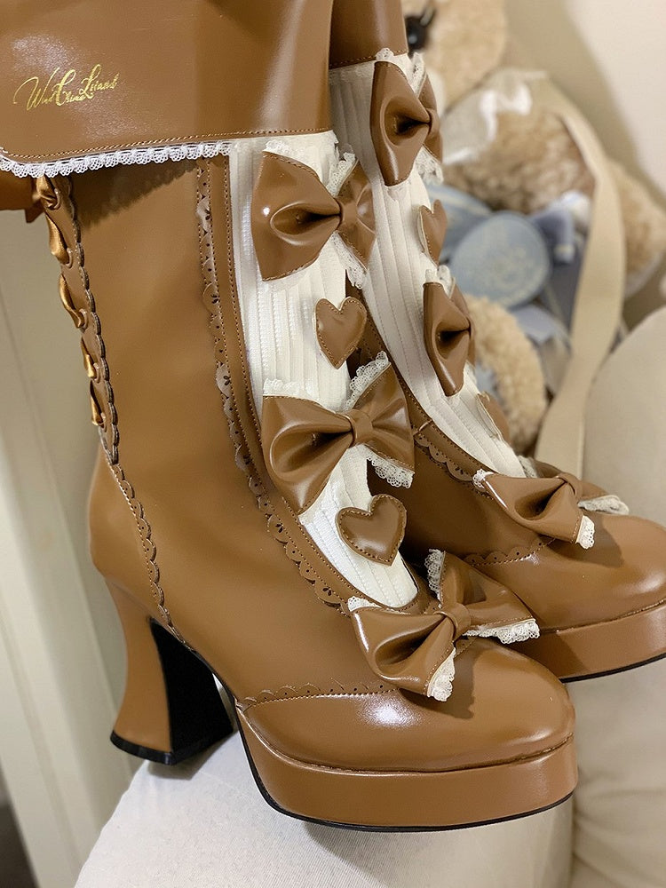 Boots High-heel Cuff Lolita Platform Elegant Fold-over Brown with Back Lacing