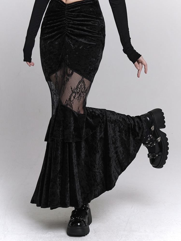 Gothic Black Velvet Contrast Lace Patches Ruched Design Mermaid Skirt