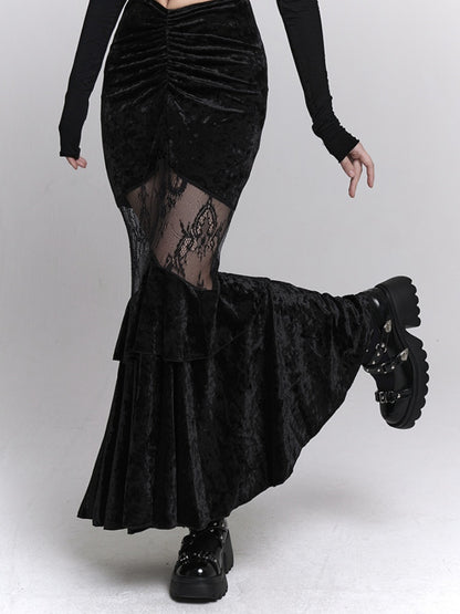 Gothic Black Velvet Contrast Lace Patches Ruched Design Mermaid Skirt