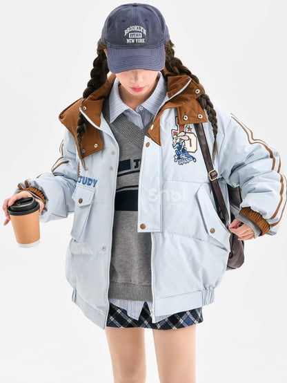 アップリケブルーの厚手フード付きジャケット