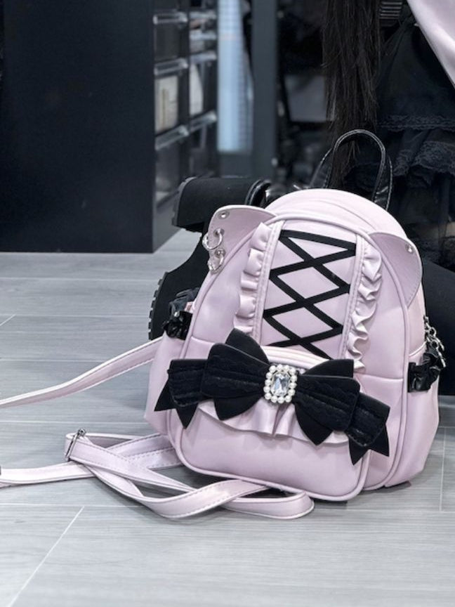 BlackPink Kei Cat Ear Backpack With Beaded and Rhinestone Bow Jirai