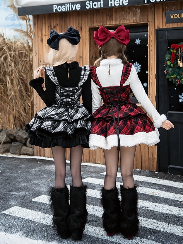 Red with and White Dress Black Winter Brooch Hemline Plaid Bow Plush Lolita Pattern
