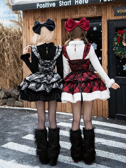 Red with and White Dress Black Winter Brooch Hemline Plaid Bow Plush Lolita Pattern