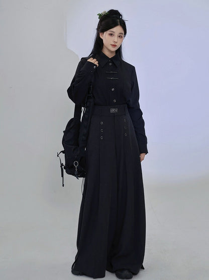 Metal Frog Button Accent Pleated Accordion Shirt in Black with Long Sleeves - Feng Hua Gui Guo Ling