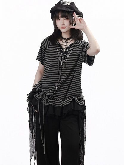 Striped Hooded Tee with Ruffle Hem & Streamers - Black Gray - PINK SAVIOR