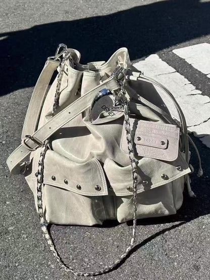 2-Way White Backpack With Drawstring Closure And Chain Straps